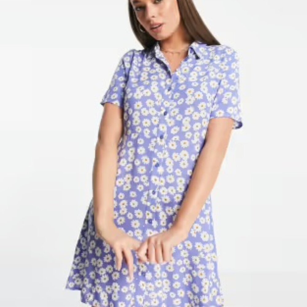 Pieces Tall exclusive mini shirt dress in blue daisy